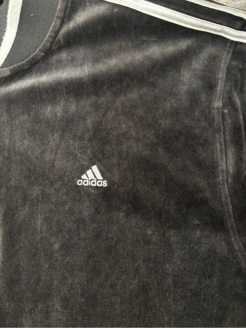 Vintage 2006 adidas Black Velour Zip-Front Track Jacket with White Stripes